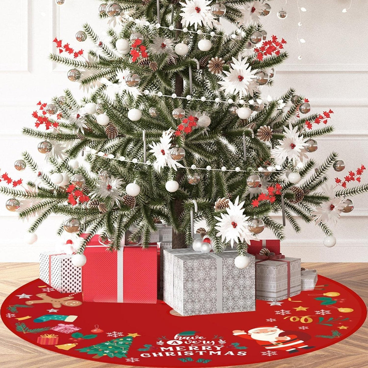 Covoras pentru Bradul de Craciun, Vivimall, din Tesatura Pufoasa, cu Fundite de Prindere, Model Mos Craciun, Rosu, Diametru 90 cm - vivimall.ro