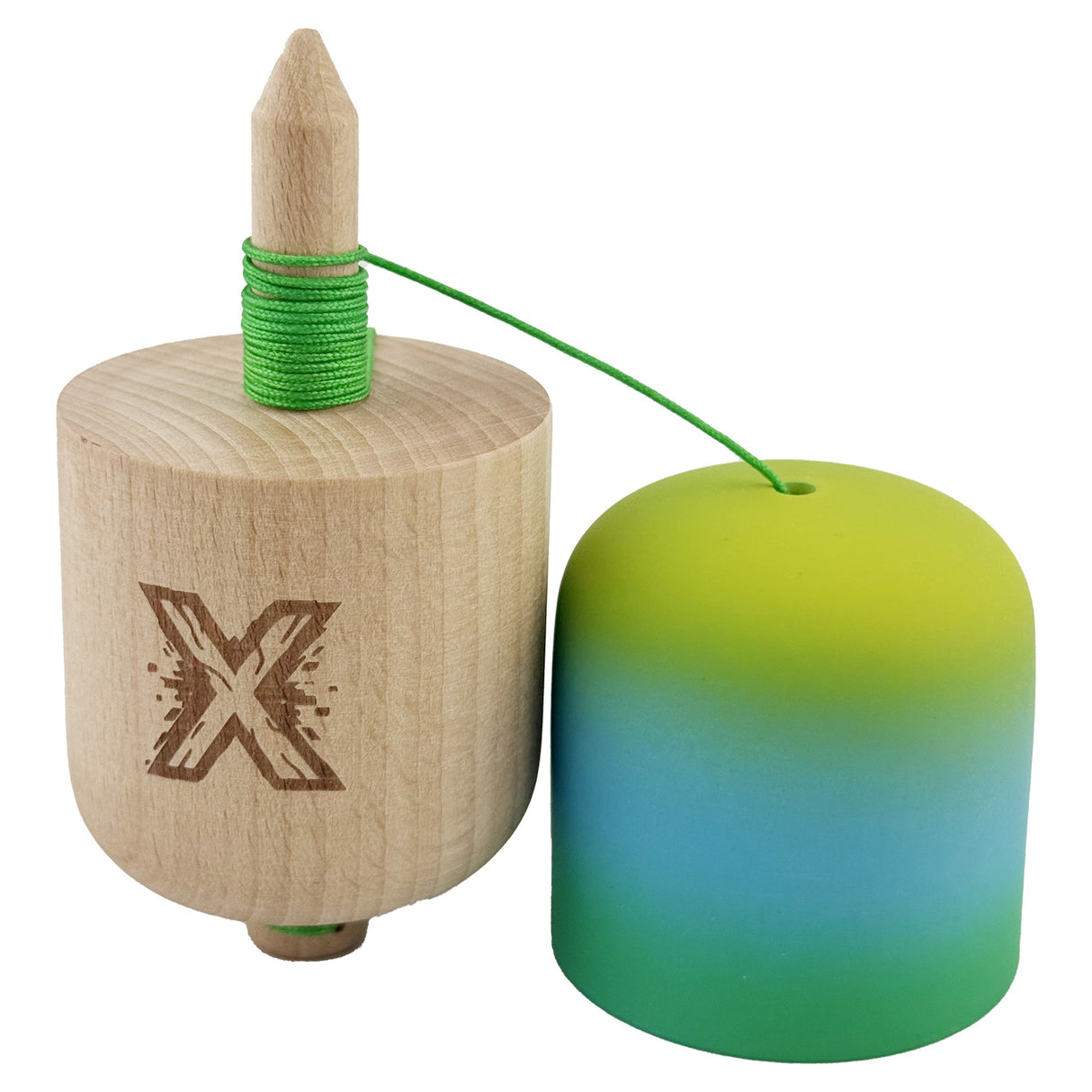 Kendama Pill X Originala, Flippy, Profesionala Model Rubber Grip Pilula, din Lemn, Varsta 9+, Ata 62/65 cm, 11 x 5 x 5 cm, Gradient Galben/Albastru/Verde - vivimall.ro