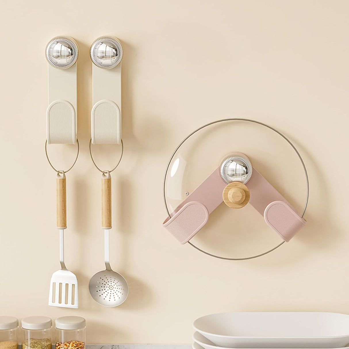 Suport de Bucatarie, Flippy, Rotativ, din Plastic, Aplicare prin Lipire, 5 x 5 x 18.5 cm, Roz