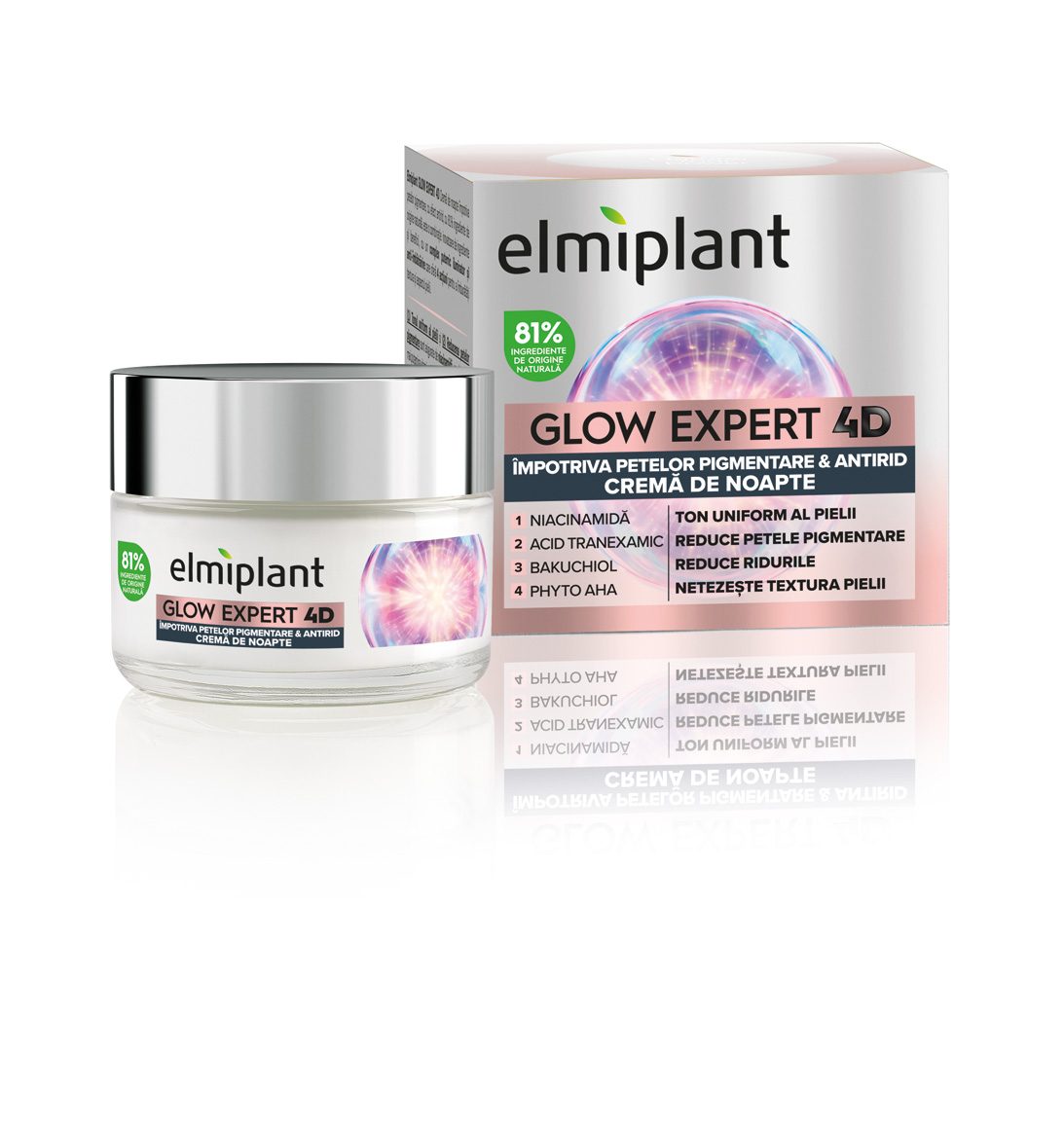 Crema de Noapte, Elmiplant, Glow Expert 4D Impotriva Petelor Pigmentare si Antirid, cu Niacinamida si Bakuchiol, 50 ml - vivimall.ro