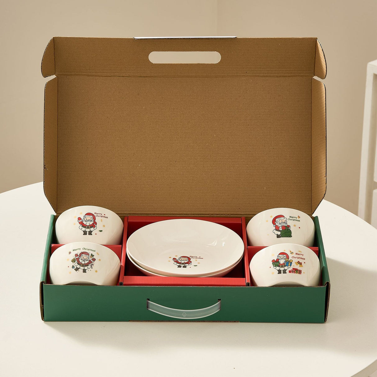 Set Vesela Festiva, Flippy, Tema Craciun, 4 x Boluri 300 ml, 2 x Farfurii 18 x 3.4 cm, din Ceramica, Model 1, Multicolor - vivimall.ro