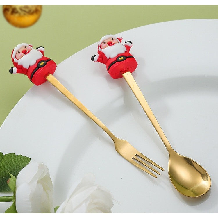 Set 4 Tacamuri, Flippy, Tema Craciun, 2 Linguri + 2 Furculite, cu Figurine, din Otel Inoxidabil, Cutie Cadou, 19 x 15 x 2.2 cm, Auriu - vivimall.ro