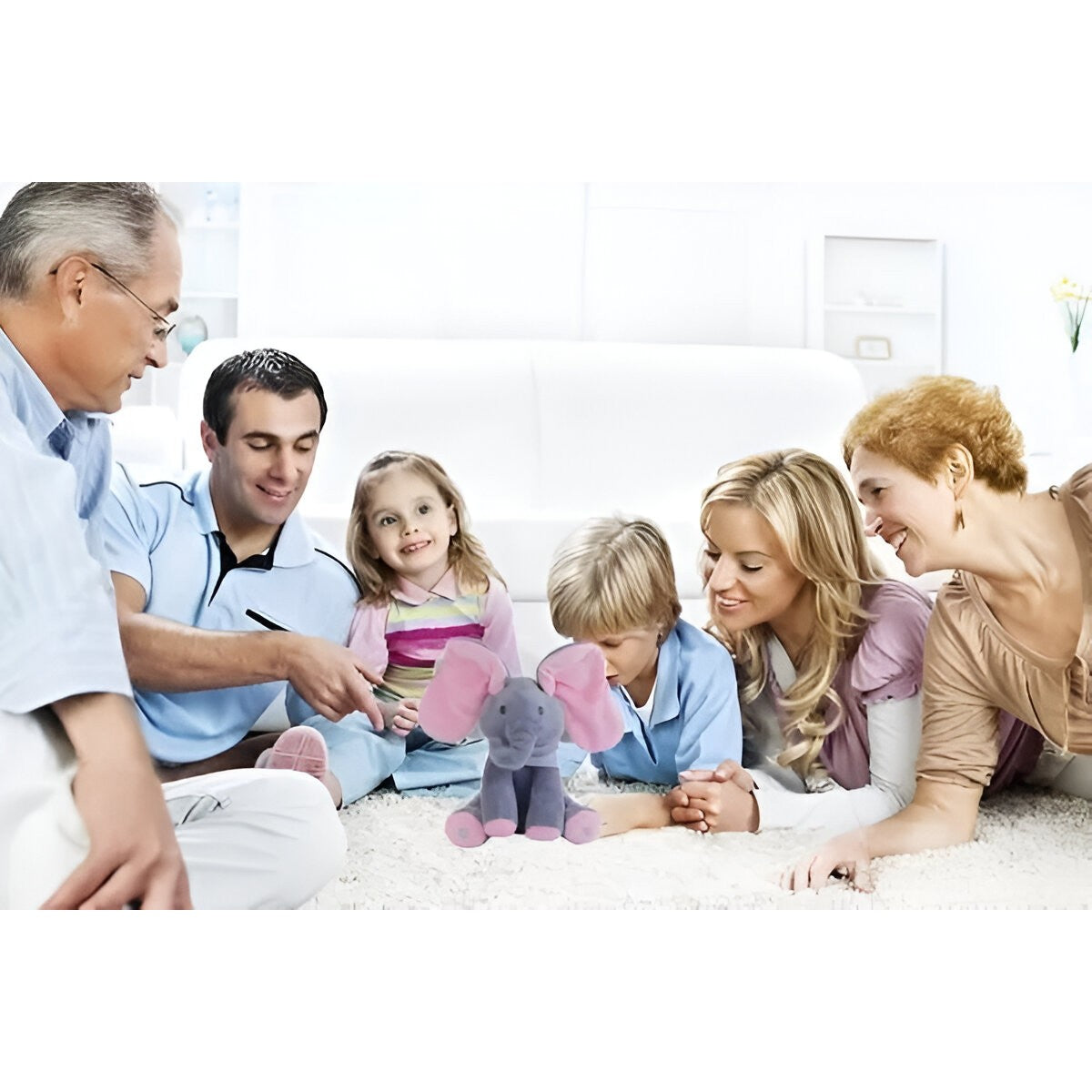 Jucarie Interactiva pentru Copii, Vivimall, Elefantel Peek-a-boo, Muzica, Misca Urechile, Alimentare cu Baterii, 30 cm, Roz-Gri - vivimall.ro