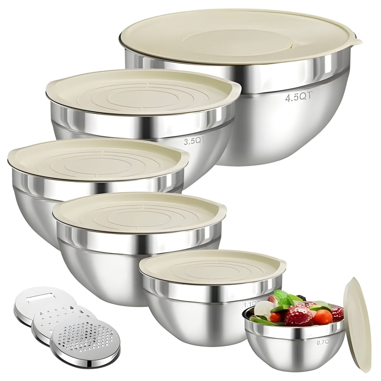 Set 6 Boluri pentru Mixare si Depozitare, Flippy, Inox Premium , Capace Ermetice, 3 Accesorii Razuire si Feliere, Interior Gradat, Design Nestable, Argintiu - vivimall.ro