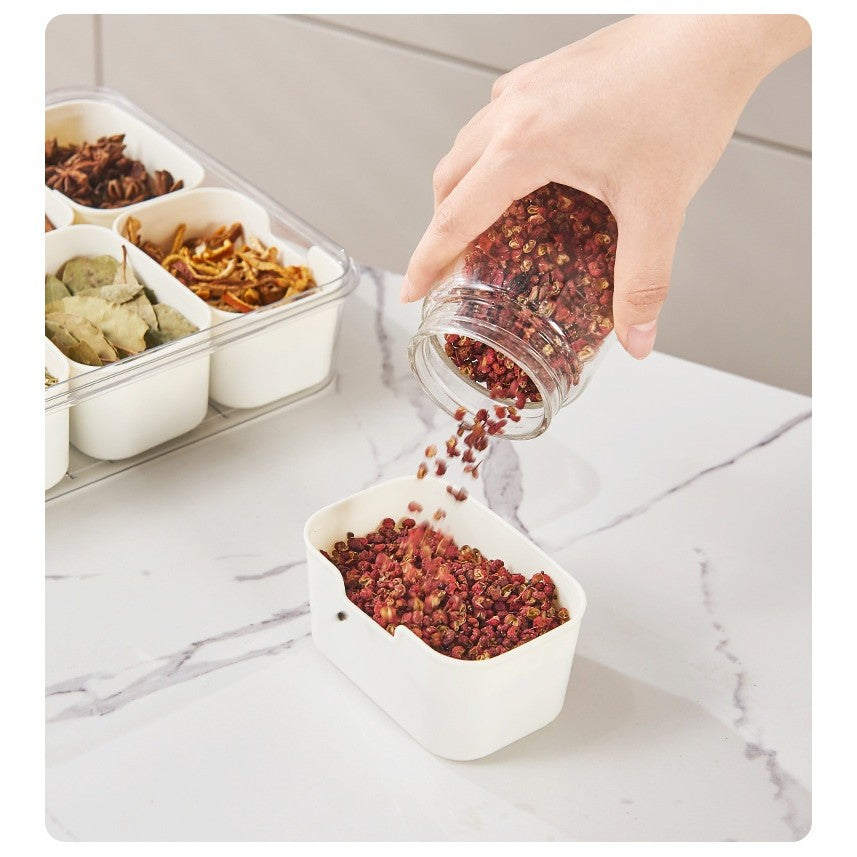 Cutie Alimentara Multifunctionala, Vivimall, pentru Condimente, Gustari, Inchidere Etans, cu Capac si Maner, 8 Compartimente, 32 x 8 x 25 cm, Alb - vivimall.ro
