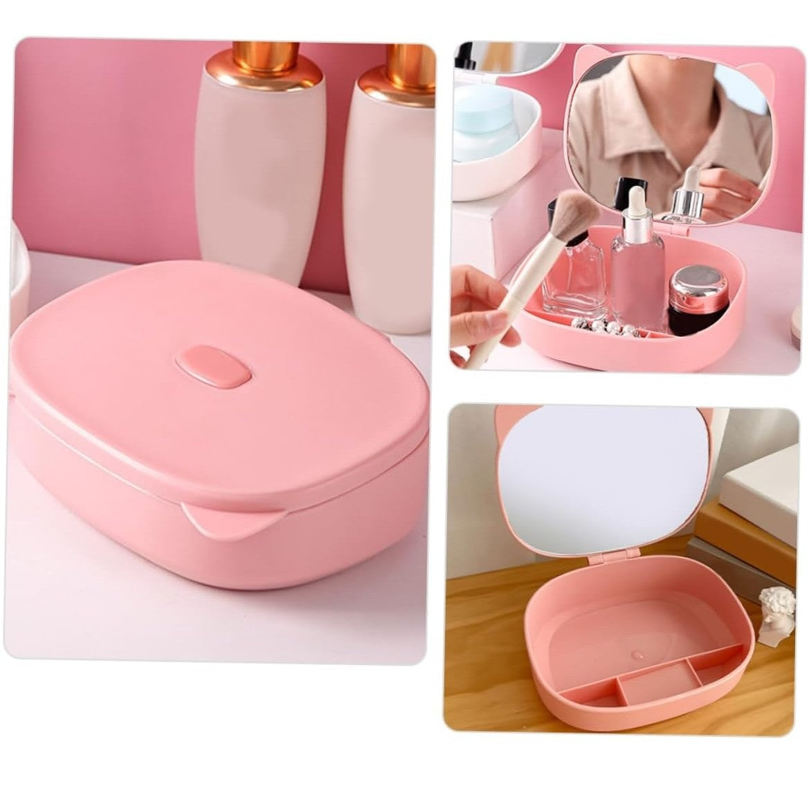 Cutie Organizatoare cu Oglinda, Vivimall, 4 Compartimente, pentru Cosmetice si Accesorii, din ABS, 17x13x6 cm, Roz - vivimall.ro