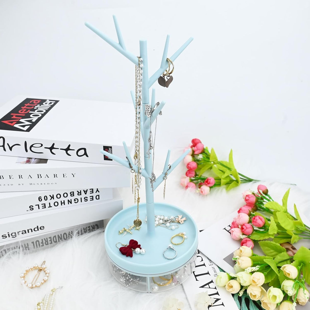 Cutie de Bijuterii, Vivimall, Rotativa, cu Suport Tip Ramura, 36.5 x 14 cm, din ABS+PP, Albastru - vivimall.ro