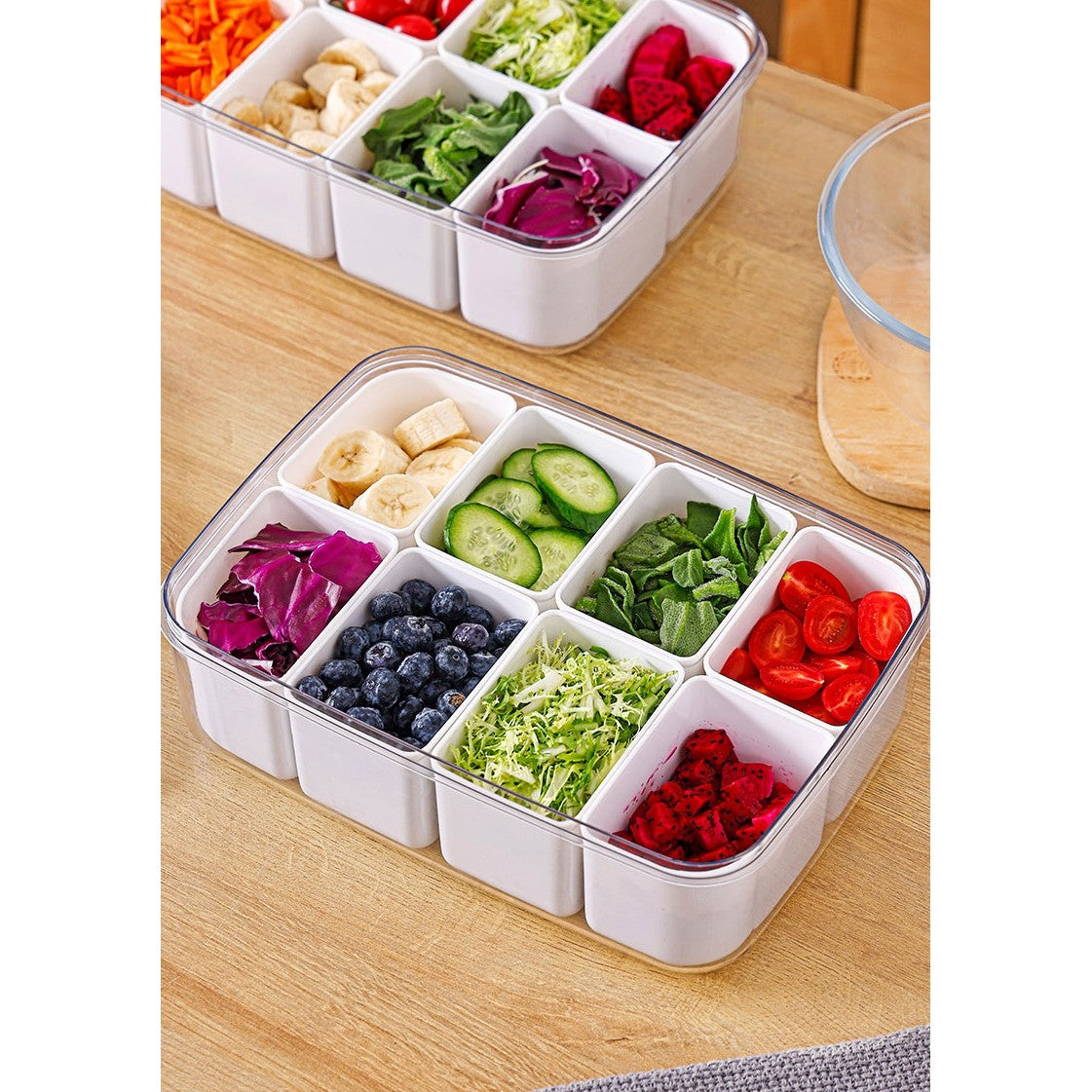 Cutie pentru Depozitare Alimente, Vivimall, 8 Compartimente cu Capac, Material PET+PP, 29 x 20 x 9 cm, Alb/Transparent - vivimall.ro