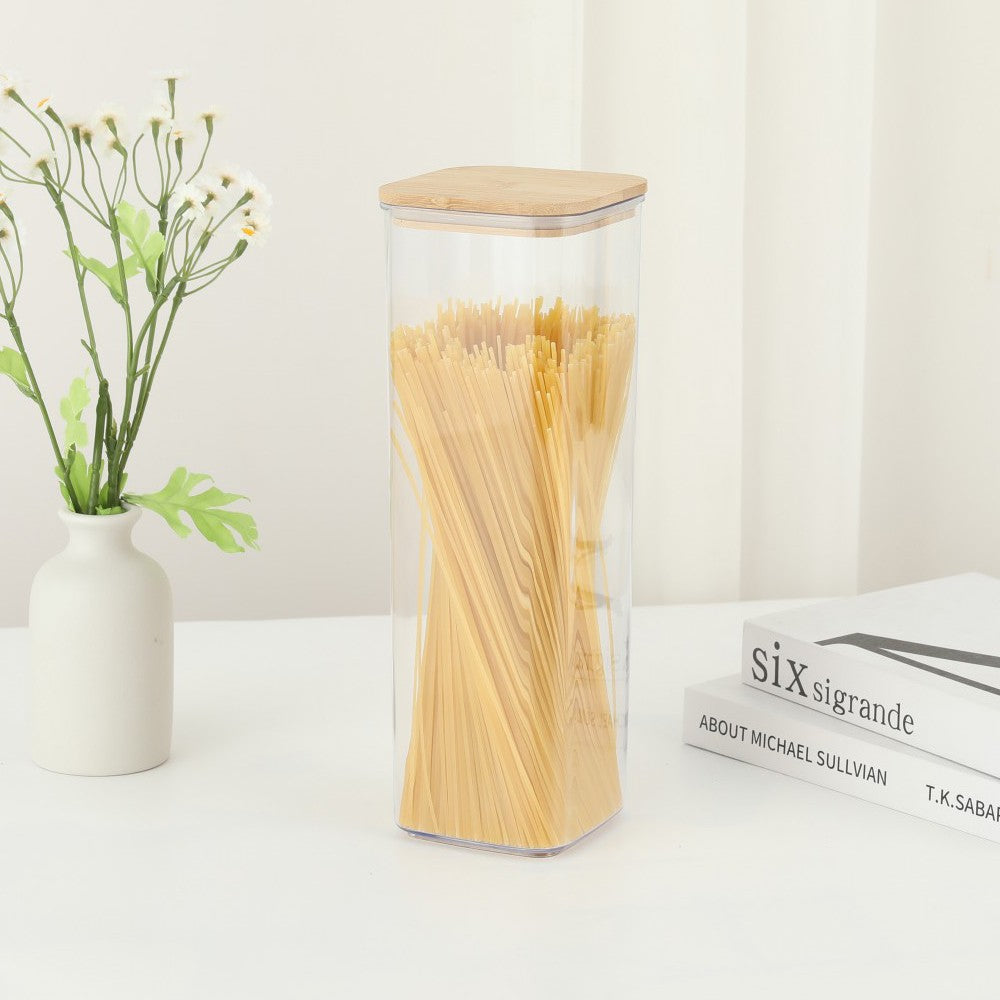 Cutie de Depozitare Alimente, Vivimall, Cutie de tip Container, Cutie pentru Cereale, din Plastic, Capac din Bambuc, 10 x 10 x 30 cm, Volum 1.9 l, Transparent - vivimall.ro