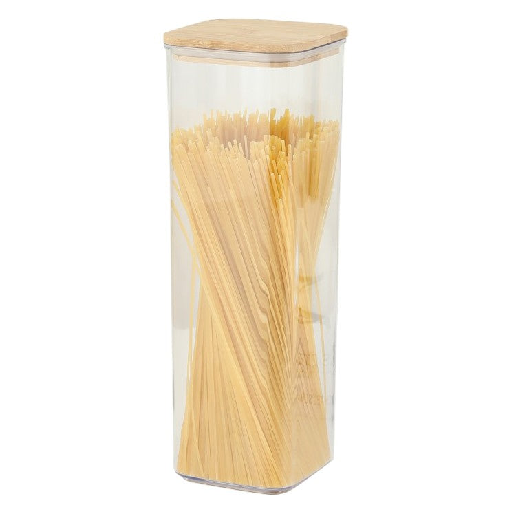 Cutie de Depozitare Alimente, Vivimall, Cutie de tip Container, Cutie pentru Cereale, din Plastic, Capac din Bambuc, 10 x 10 x 30 cm, Volum 1.9 l, Transparent - vivimall.ro