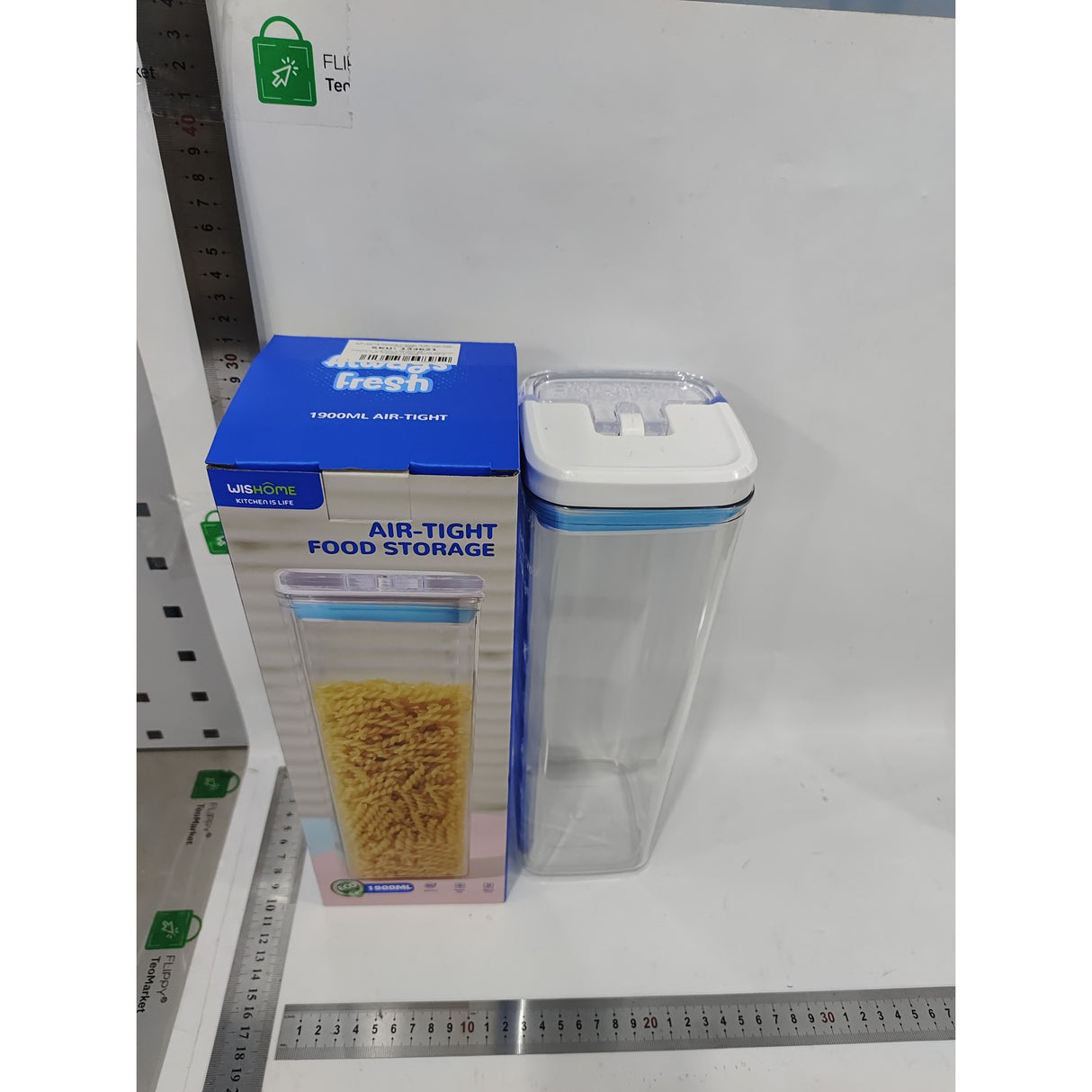 Cutie de Depozitare Alimente, Vivimall, tip Container, 1.9L, 10x10x30.5 cm, Recipiente pentru Cereale in Bucatarie, Transparente cu Capac Alb-Albastru - vivimall.ro