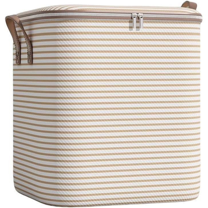 Cutie de Depozitare cu Fermoar, Vivimall, Pliabila, Maner Ranforsat, Fermoar Rezistent, pentru Haine, Paturi, Plapume, Perne, Lenjerii de Pat, Jucarii, 56x45x56 cm, 150 Litri, in Dungi, Bej - vivimall.ro