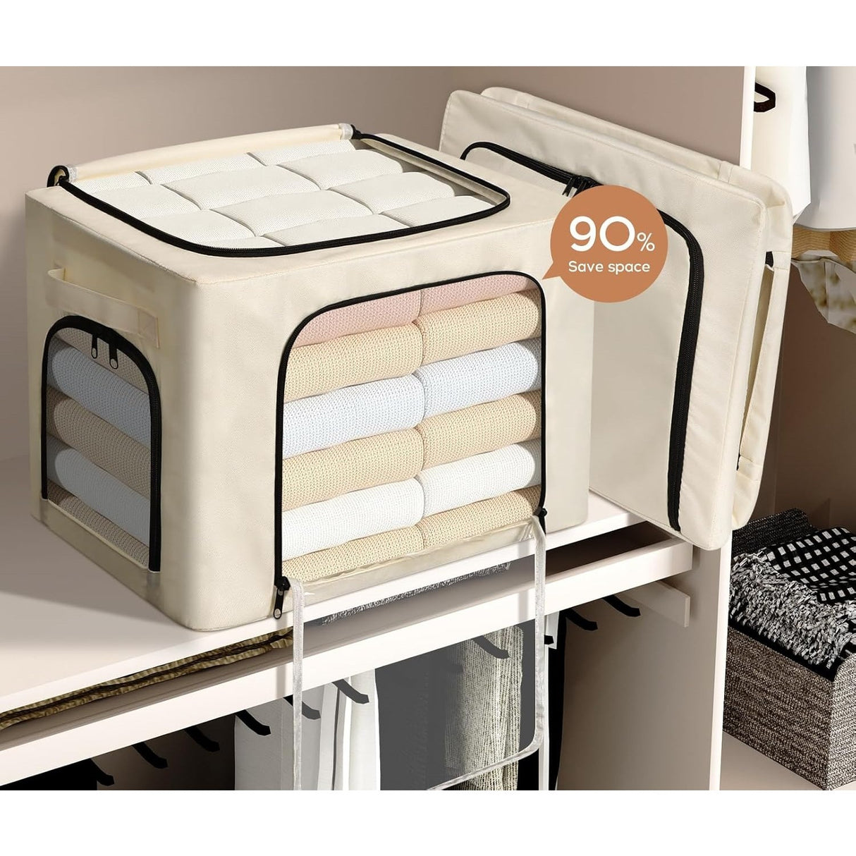 Cutie de Depozitare, Vivimall, cu 3 Ferestre cu Fermoar Bidirectional, Cadru din Otel, Impermeabil, 38L, 42 x 30 x 30 cm, Bej - vivimall.ro