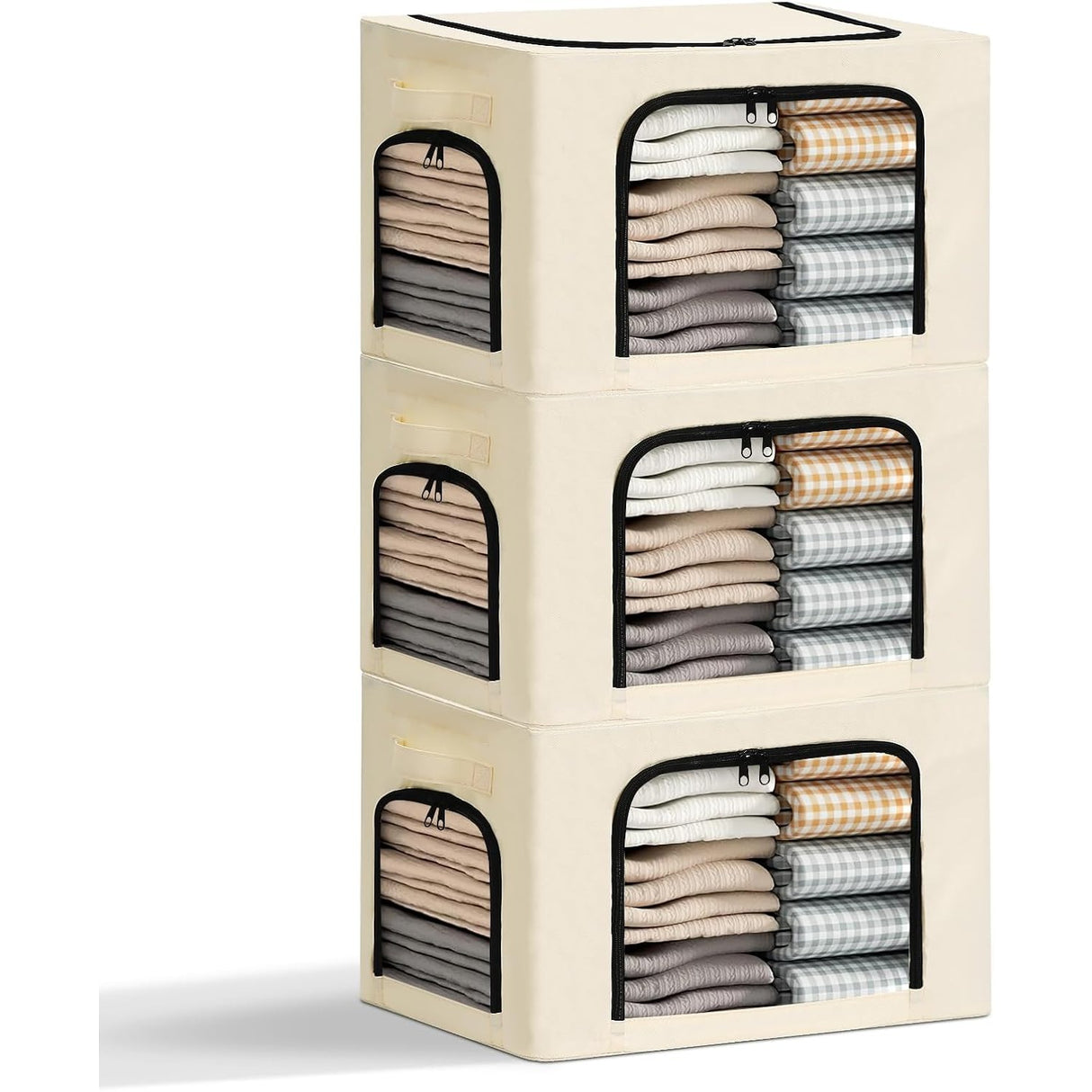 Cutie de Depozitare, Vivimall, cu 3 Ferestre cu Fermoar Bidirectional, Cadru din Otel, Impermeabil, 38L, 42 x 30 x 30 cm, Bej - vivimall.ro