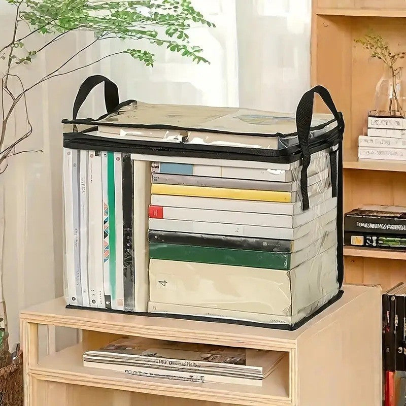 Cutie de Depozitare, Vivimall, din PVC + Textil, Rezistenta la Apa, Geanta pentru Carti, 38x24x32 cm, Transparent-Negru - vivimall.ro