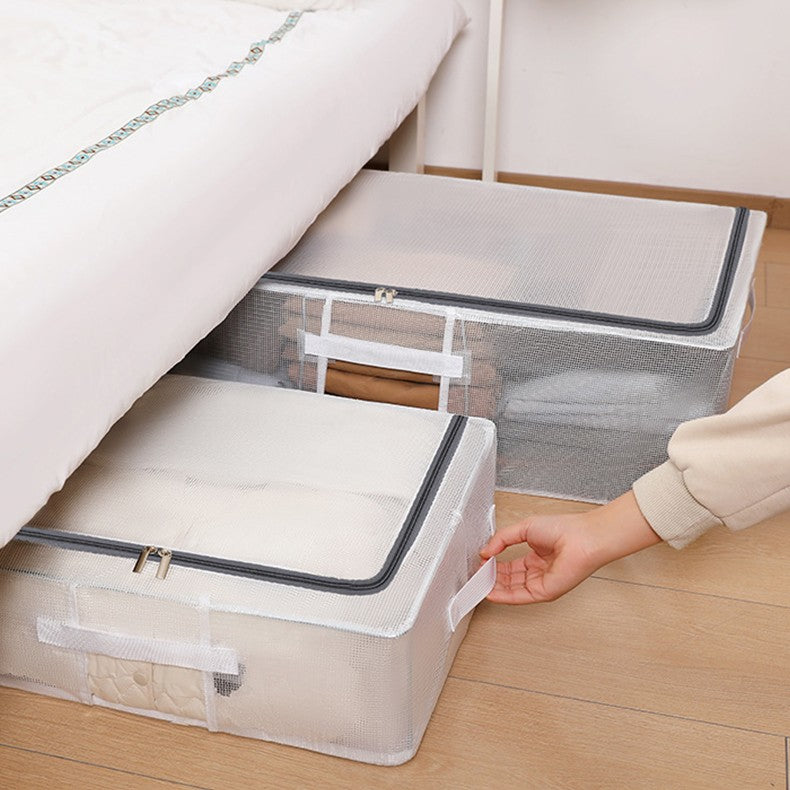 Cutie de Depozitare, Vivimall, pentru Haine, Incaltaminte, din Plasa PVC Impermeabila si Manere Laterale, Pliabila, Fermoar Bidirectional, 80 x 47 x 24 cm, Transparenta - vivimall.ro