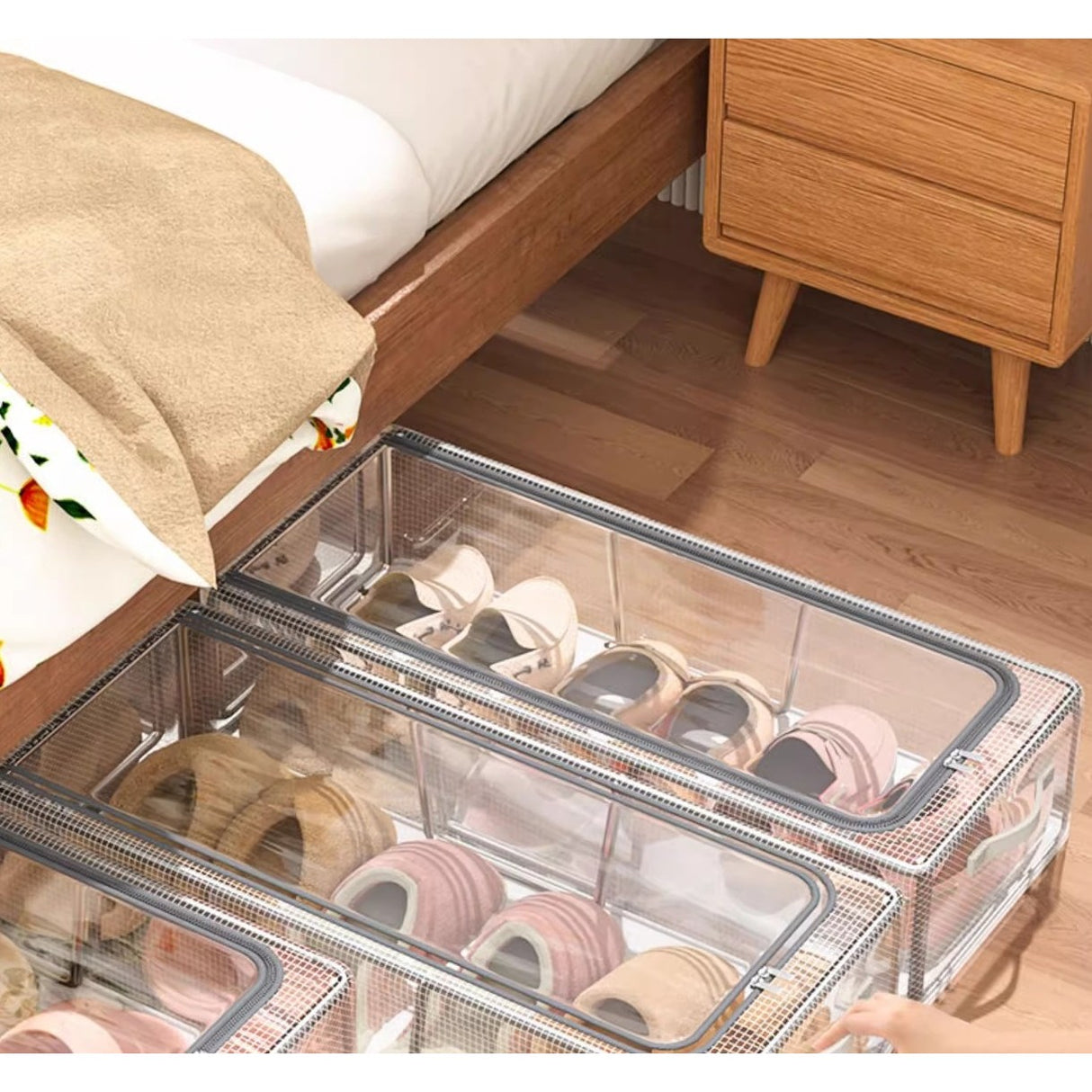 Cutie de Depozitare pentru Pantofi, Vivimall, 40x30x21 cm, din Plasa PVC Impermeabila si Cadru de Otel, Pliabila, Fermoar Bidirectional, Transparenta - vivimall.ro