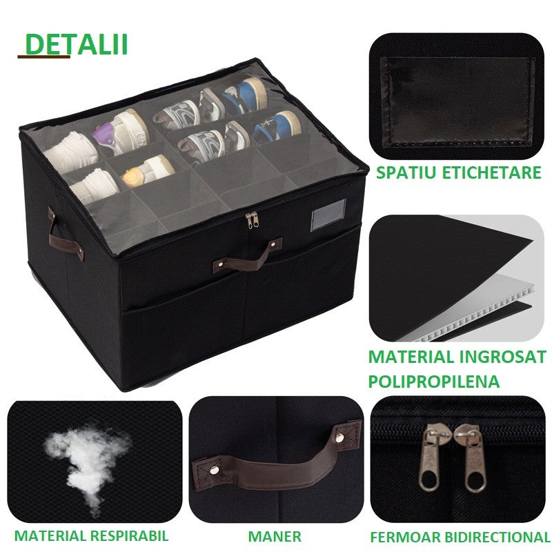 Cutie de Depozitare pentru Pantofi, Vivimall, 53x42x33 cm, cu Capac Transparent si Fermoar, din Panza Oxford, Pliabila, Negru - vivimall.ro