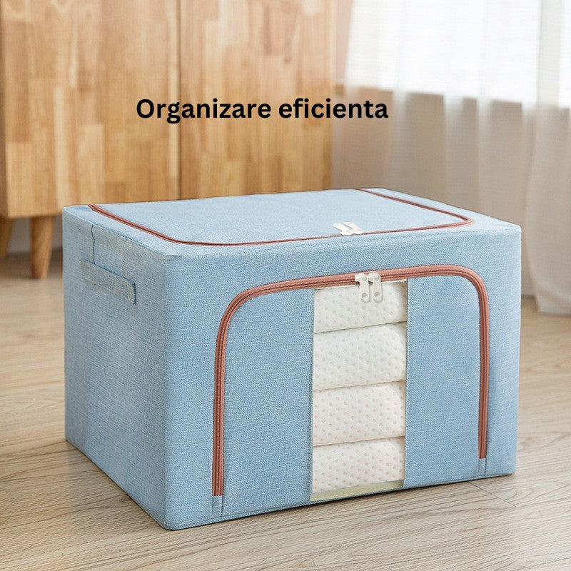 Cutie de Depozitare Pliabila, Vivimall, 100 L, din Bumbac si In, 60x42x40 cm, 2 Ferestre, Frontala si Laterala, 2 Usi de Acces cu Fermoar Bidirectional, Cadru Metalic, Suport Baza Stabil din Plastic, Bleu - vivimall.ro