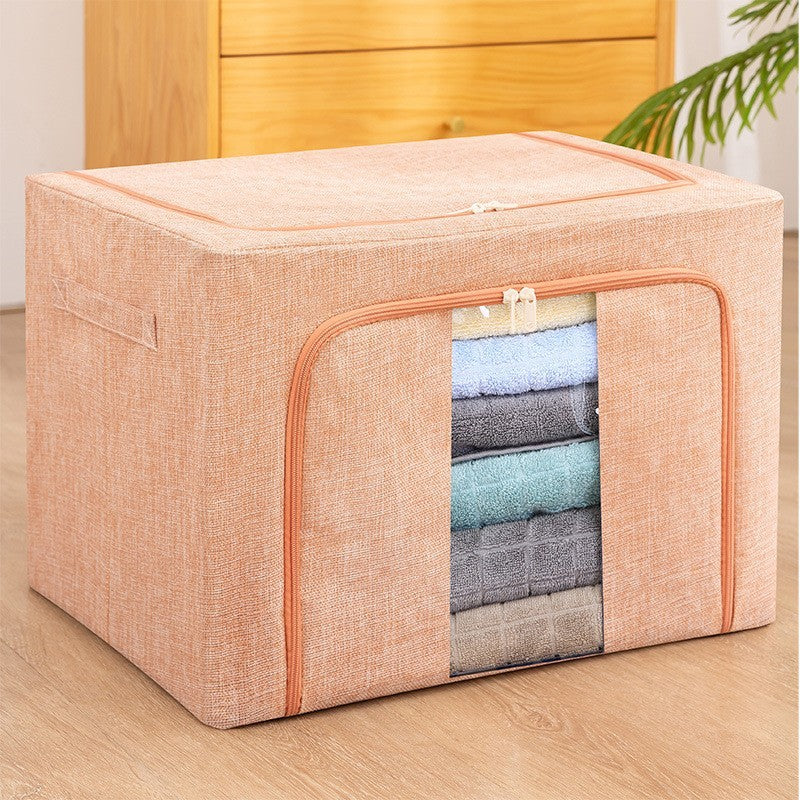 Cutie de Depozitare Pliabila, Vivimall, 100 L, din Bumbac si In, 60x42x40 cm, Fereastra Frontala, 2 Usi de Acces cu Fermoar Bidirectional, Cadru Metalic, Suport Baza Stabil din Plastic, Roz Pudrat - vivimall.ro