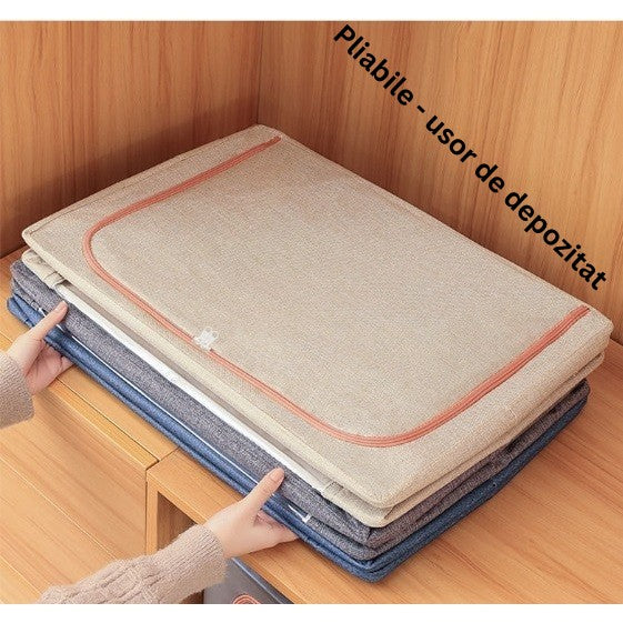 Cutie de Depozitare Pliabila, Vivimall, 100 L, din Bumbac si In, 60x42x40 cm, Fereastra Frontala, 2 Usi de Acces cu Fermoar Bidirectional, Cadru Metalic, Suport Baza Stabil din Plastic, Roz Pudrat - vivimall.ro