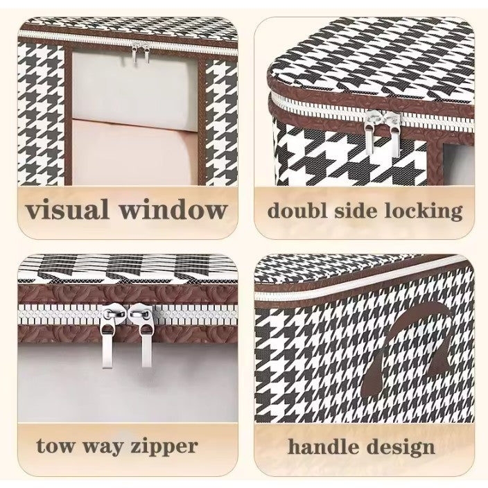 Cutie de Depozitare Pliabila,  55x35x25 cm, 50 L, Fereastra Frontala, cu Fermoar Bidirectional, Suport Baza Stabil, Imprimeu in Carouri, Alb/Negru - vivimall.ro