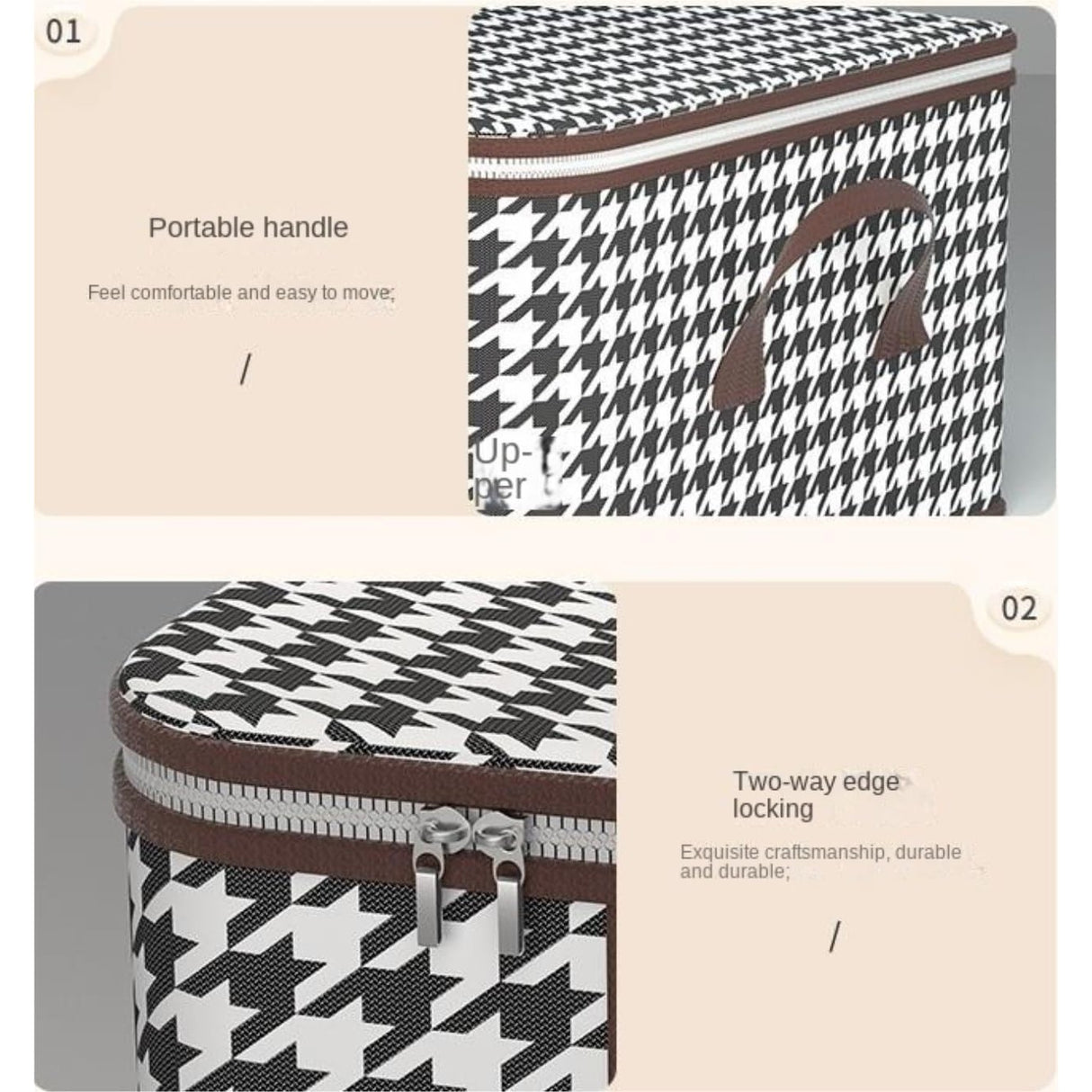 Cutie de Depozitare Pliabila, Vivimall, 60x40x30 cm, 75 L, Fereastra Frontala, cu Fermoar Bidirectional, Suport Baza Stabil, Imprimeu in Carouri, Alb/Negru - vivimall.ro