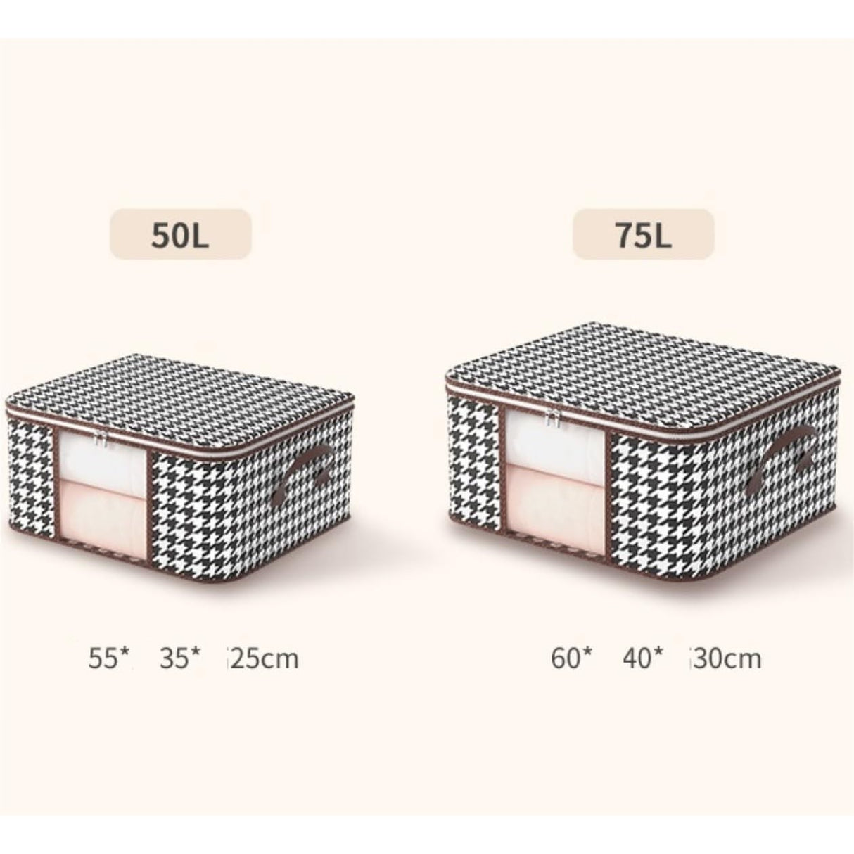 Cutie de Depozitare Pliabila, Vivimall, 60x40x30 cm, 75 L, Fereastra Frontala, cu Fermoar Bidirectional, Suport Baza Stabil, Imprimeu in Carouri, Alb/Negru - vivimall.ro