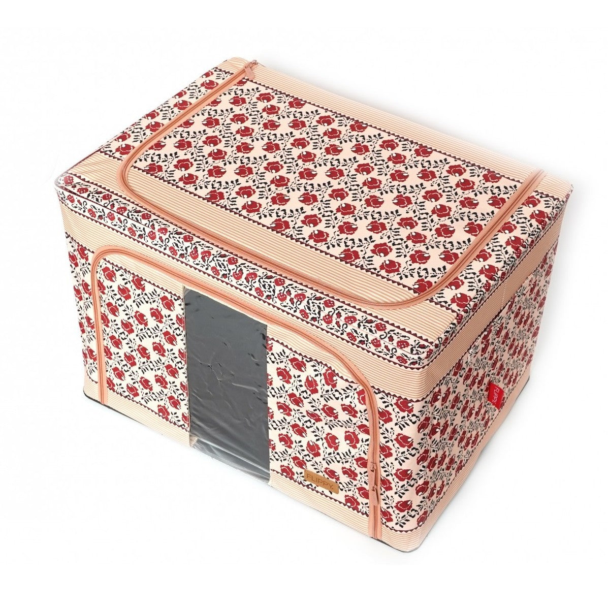 Cutie de Depozitare Pliabila, Vivimall, 66 L din Bumbac si In, 52 x 42 x 39 cm, Fereastra Frontala, 2 Usi de Acces cu Fermoar Bidirectional, Cadru Metalic, Suport Baza Stabil din Plastic, Motiv Traditional Model 7 - vivimall.ro