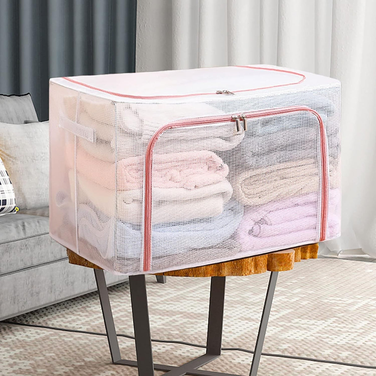 Cutie de Depozitare Pliabila, Vivimall, Cu Fereastra si Fermoar Dublu Rosu, 66 L, Textil, 50x40x33 cm, Cadru Metalic, Impermeabila, Transparent - vivimall.ro