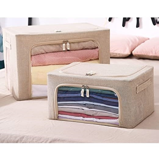 Cutie de depozitare pliabila, Vivimall, Cu fermoar, 100 L, Textil, 60x42x40 cm, Cadru Metalic, Suport Baza Stabil din Plastic, Crem cu Doua Ferestre - vivimall.ro