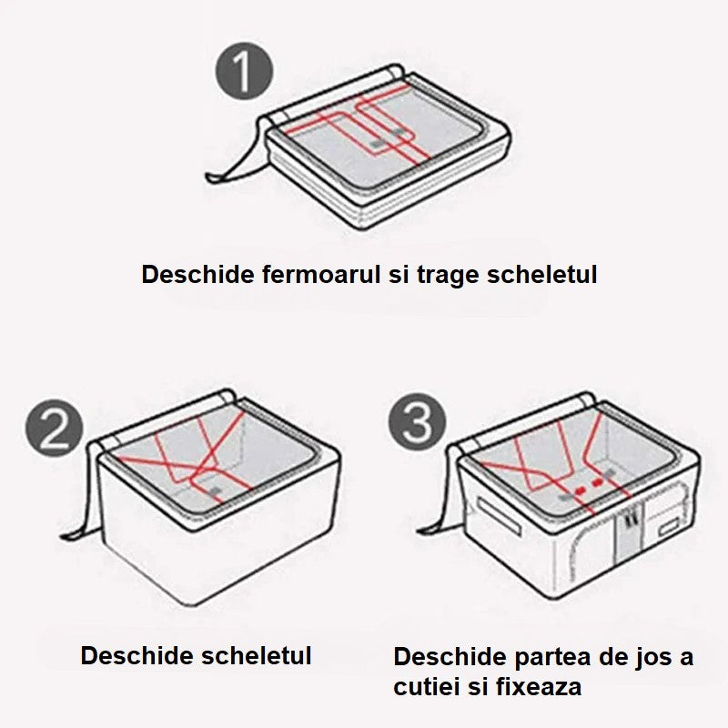 Cutie de Depozitare Pliabila, Vivimall, Cu Fermoar, 66 L, Textil, 50x40x33 cm, cu Fereastra, Cadru Metalic, Suport Baza Stabil din Plastic, Imprimeu Cirese, Roz, Resigilat - vivimall.ro