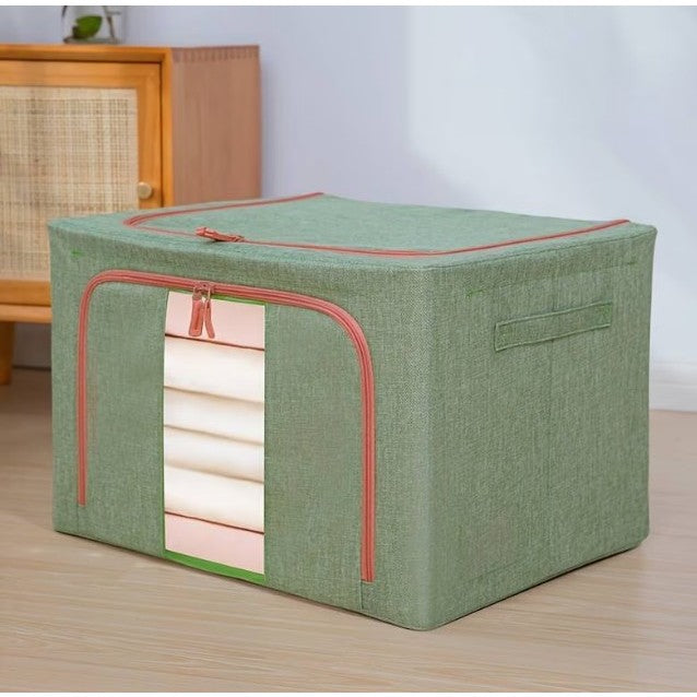 Cutie de Depozitare Pliabila, Vivimall, Cu fermoar Bidirectional, 66 L, Textil, 50x40x33 cm, Cadru Metalic, o Fereastra, Suport Baza Stabil din Plastic, Verde - vivimall.ro