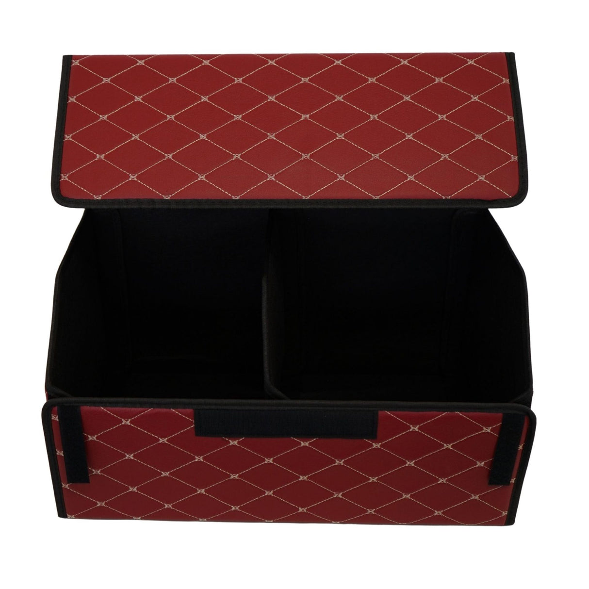 Cutie de Depozitare Auto, Flippy, Organizator Premium Portbagaj, Geanta Multifunctionala din Piele Ecologica, 2 Compartimente Depozitare, Rezistent la Uzura si Pliabil, Bordo, 55 x 30 x 30cm - vivimall.ro
