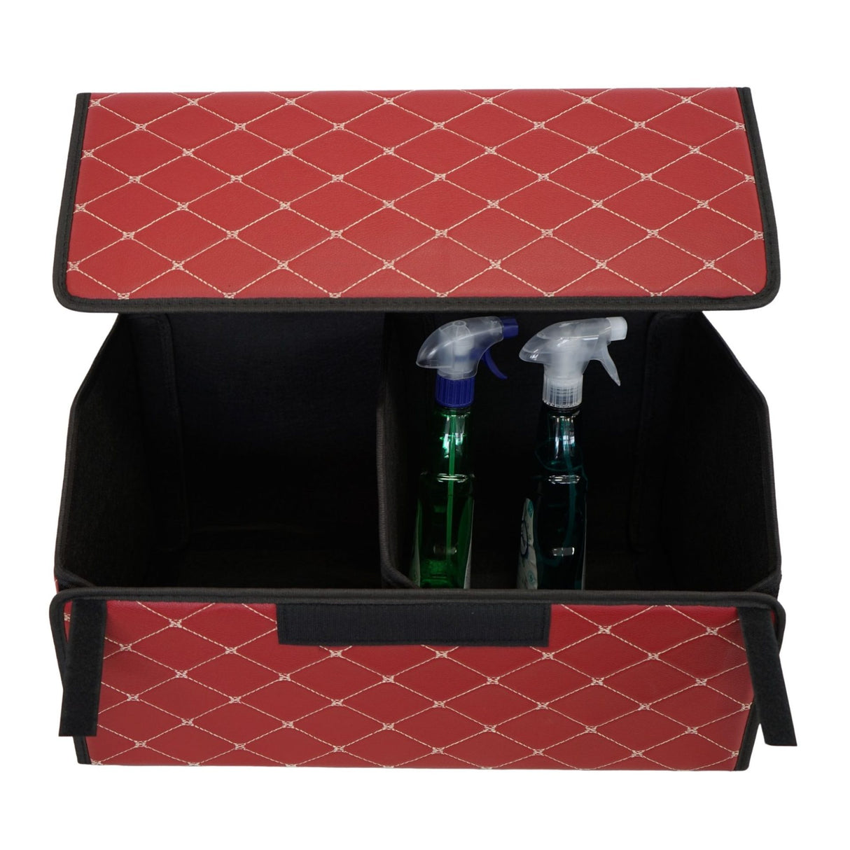 Cutie de Depozitare Auto, Flippy, Organizator Premium Portbagaj, Geanta Multifunctionala din Piele Ecologica, 2 Compartimente Depozitare, Rezistent la Uzura si Pliabil, Bordo, 55 x 30 x 30cm - vivimall.ro