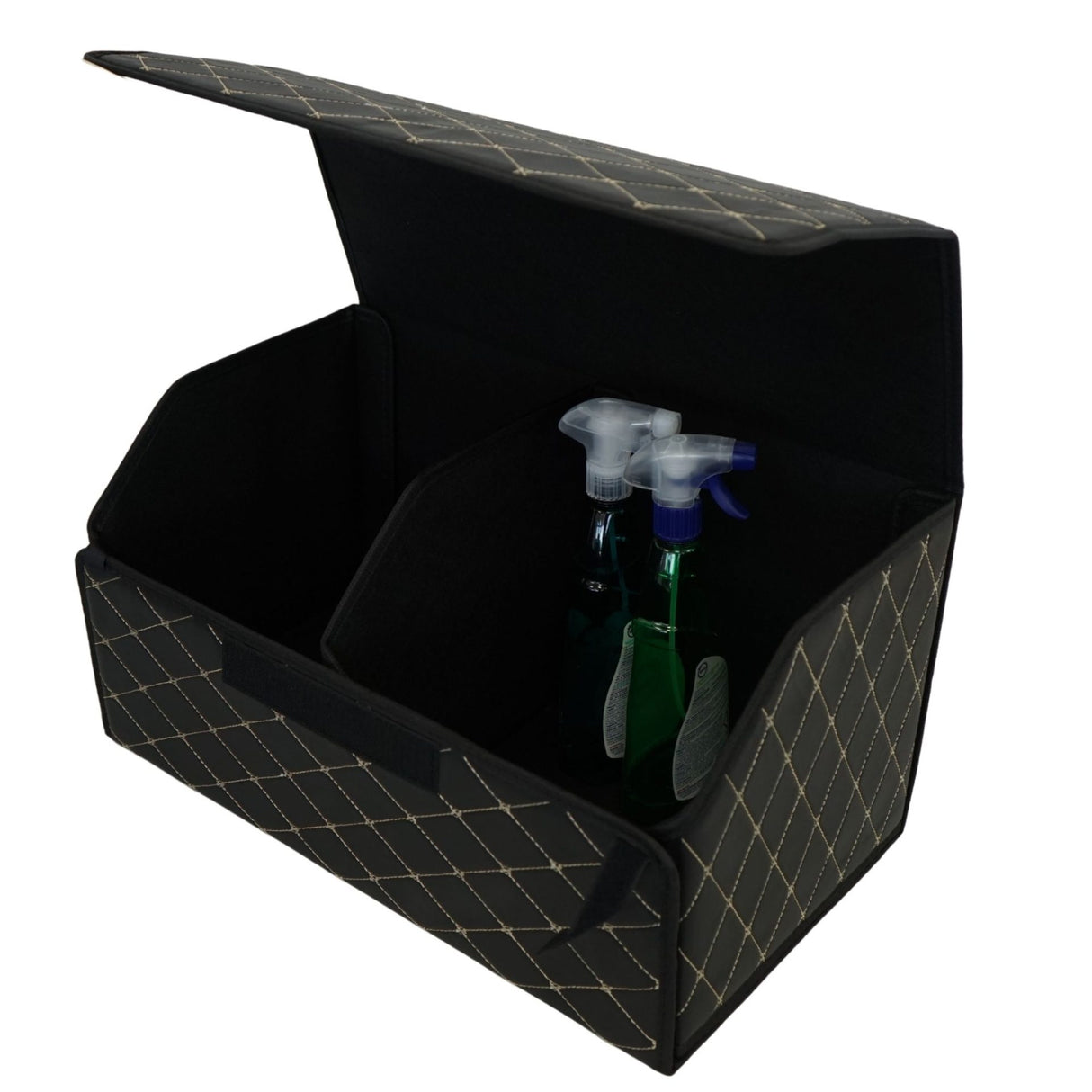 Cutie de Depozitare Auto, Flippy, Organizator Premium Portbagaj, Geanta Multifunctionala, Piele Ecologica, Pliabil si Rezistent la Uzura, 2 Compartimente Depozitare, Pliabil si Rezistent la Uzura, Negru/Alb, 55 x 30 x 30cm - vivimall.ro