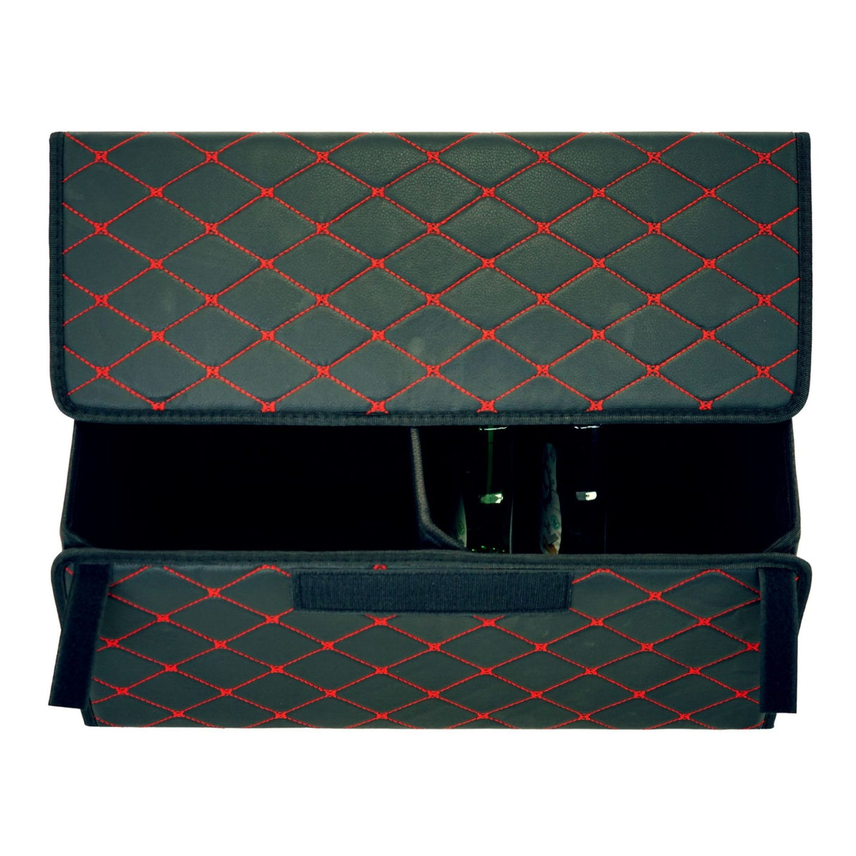 Cutie de Depozitare Auto, Flippy, Organizator Premium Portbagaj, Geanta Multifunctionala, Piele Ecologica, 2 Compartimente Depozitare, Pliabil si Rezistent la Uzura, Negru/Rosu, 55 x 30 x 30cm - vivimall.ro