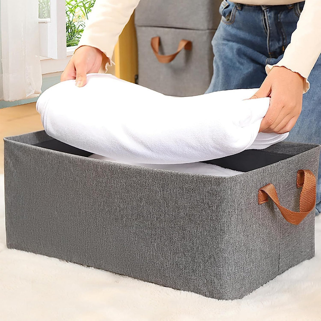 Cutie de Depozitare Tip Cos, Vivimall, Material Textil, Pliabila, 47x28x20 cm, 35 l, Cadru Metalic, cu Manere, Maro - vivimall.ro