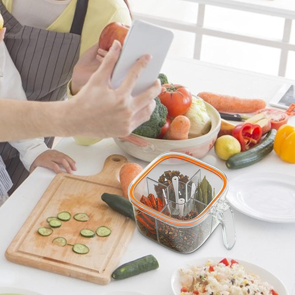 Cutie Depozitare Alimente, Vivimall, din Plastic/Silicon, 20 x 10 x 10 cm, 5 Compartimente, Alb/Portocaliu - vivimall.ro