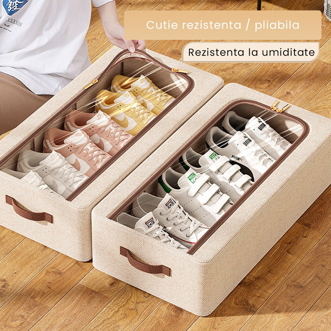 Cutie Depozitare cu Cadru Metalic, Vivimall, pentru Incaltaminte, Haine, Lingerie, Fermoar Calitativ, Fereastra Transparenta, Manere Laterale, 60 x 30 x 15 cm Bej - vivimall.ro