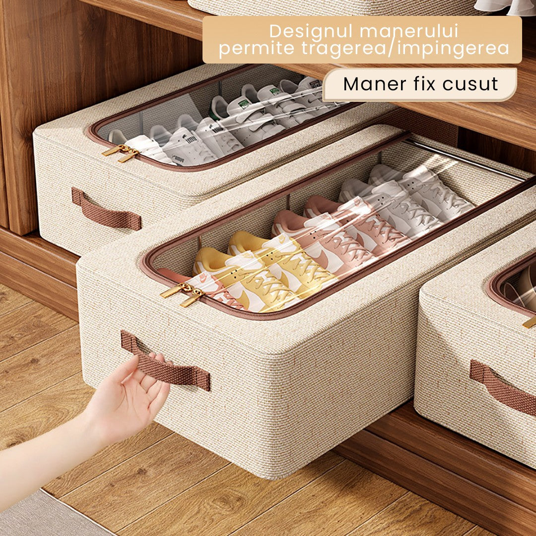 Cutie Depozitare cu Cadru Metalic, Vivimall, pentru Incaltaminte, Haine, Lingerie, Fermoar Calitativ, Fereastra Transparenta, Manere Laterale, 60 x 30 x 15 cm Bej - vivimall.ro