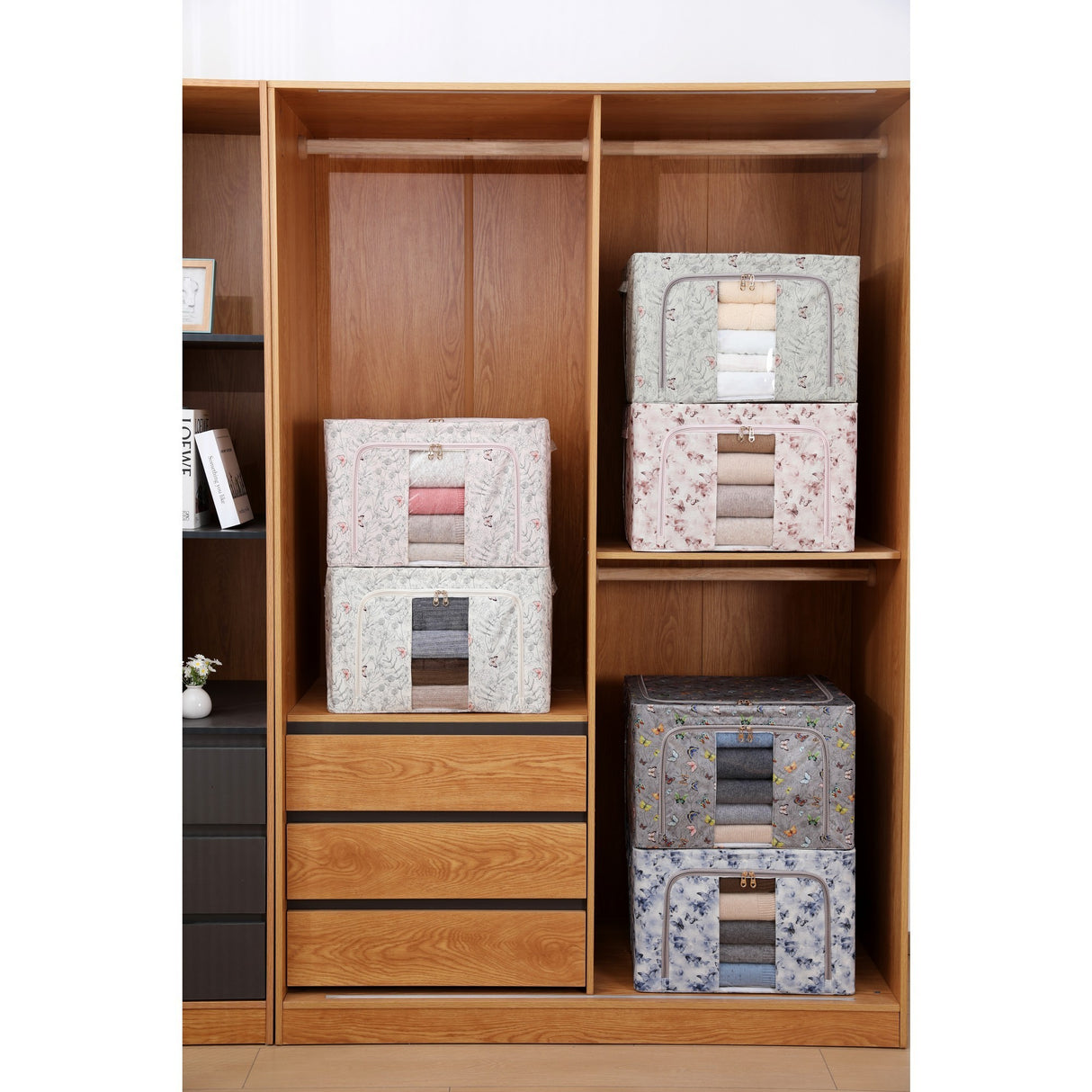 Cutie Depozitare, Vivimall, 66L, din Material Textil, 50 x 40 x 33 cm, pentru Haine si Lenjerii, Model Flori de Primavara, Verde - vivimall.ro