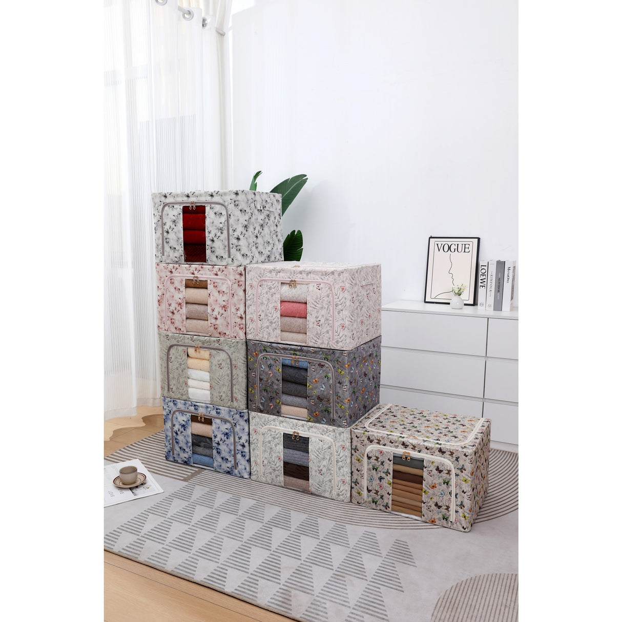 Cutie Depozitare, Vivimall, 66L, din Material Textil, 50 x 40 x 33 cm, pentru Haine si Lenjerii, Model Fluturasi, Roz/Gri - vivimall.ro