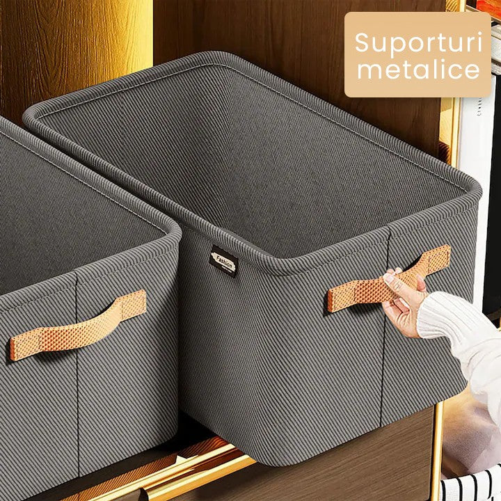 Cutie Depozitare Vivimall, pentru Haine, lucruri, din Textil cu Cadru Metalic, Manere Laterale, forma Dreptunghiulara, 42 x 28 x 25 cm, volum 29 L, Gri - vivimall.ro