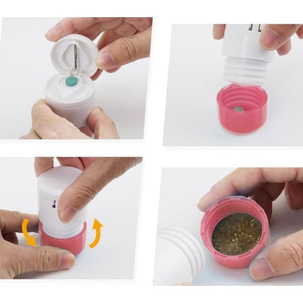 Cutie Pastile Multifunctionala, Vivimall, 4 in 1, Pahar Apa, Taiere, Sfaramare, Depozitare, Compact, ABS cu Lama din Inox, Alb/Roz, 8.7x6.2x4.1 cm - vivimall.ro