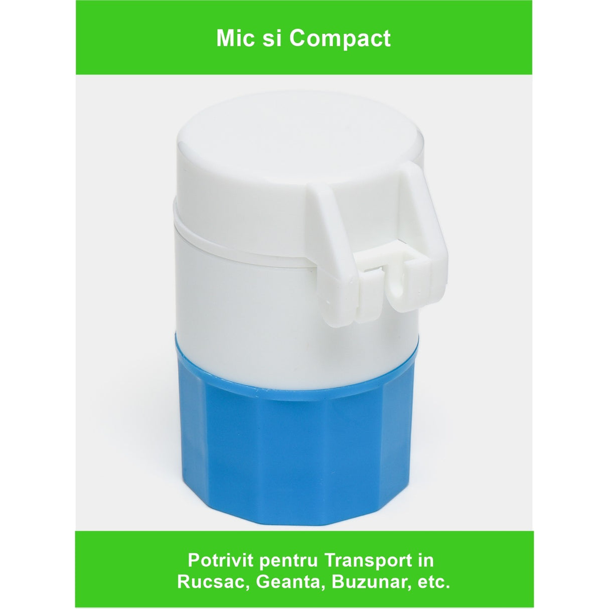 Cutie Pastile Multifunctionala, Vivimall, 4 in 1, Pahar Apa, Taiere, Sfaramare, Depozitare, Compact, ABS cu Lama din Inox, Alb/Albastru, 8.7x6.2x4.1 cm - vivimall.ro