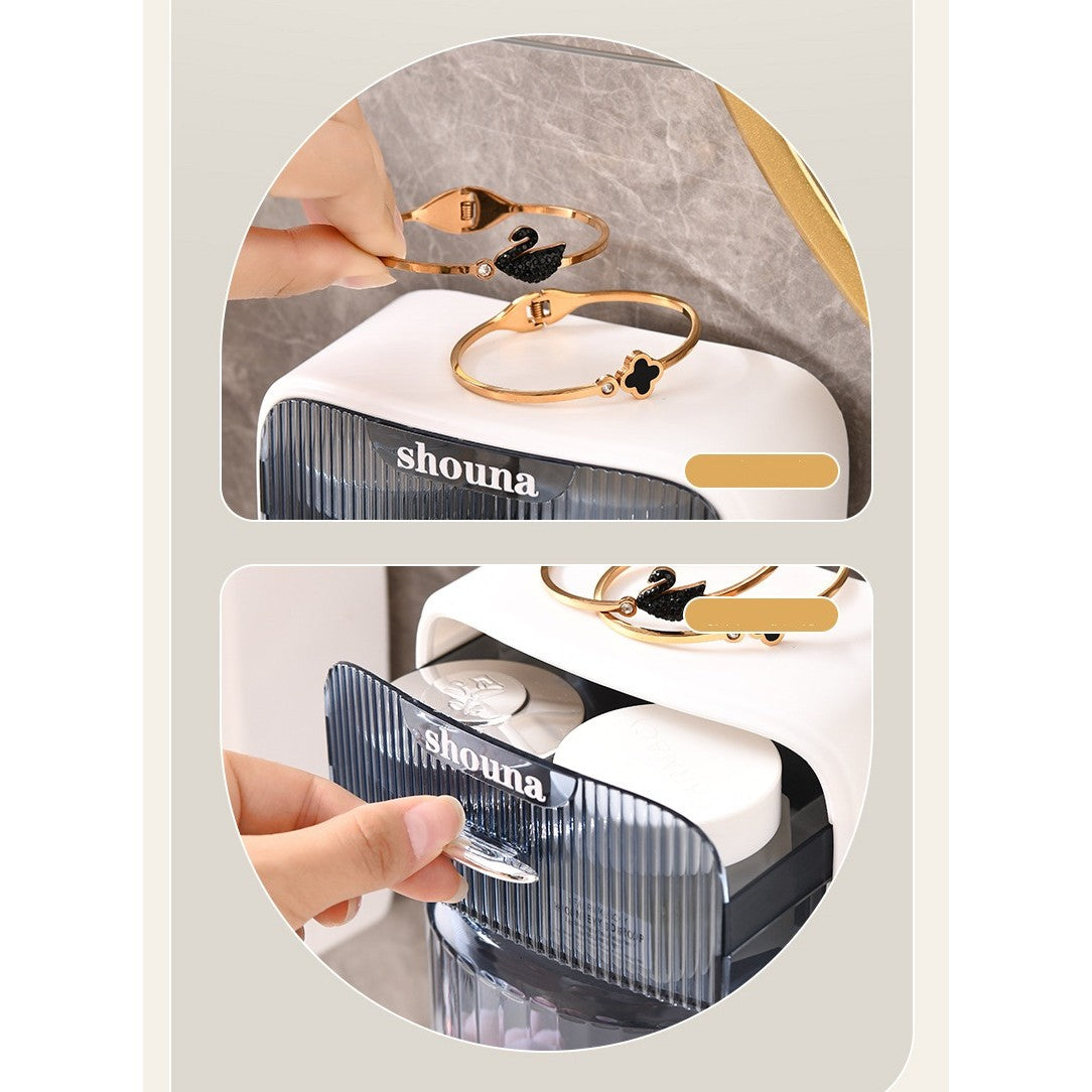 Organizator Baie, Vivimall, 4 Compartimente si 1 Sertar, Rotire 360 Grade, din PP+PET, 27.5 x 16 x 11 cm, Albastru - vivimall.ro