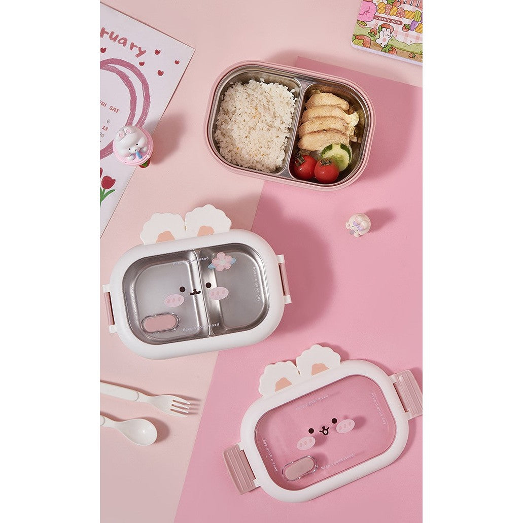 Cutie pentru Pranz sau Gustari, Vivimall, cu Doua Compartimente, Model Iepuras, pentru Copii si Adulti, Etansare, PP, Perfect pentru Scoala si Birou, 1000 mL, 22x17.8x8 cm, Alb - vivimall.ro