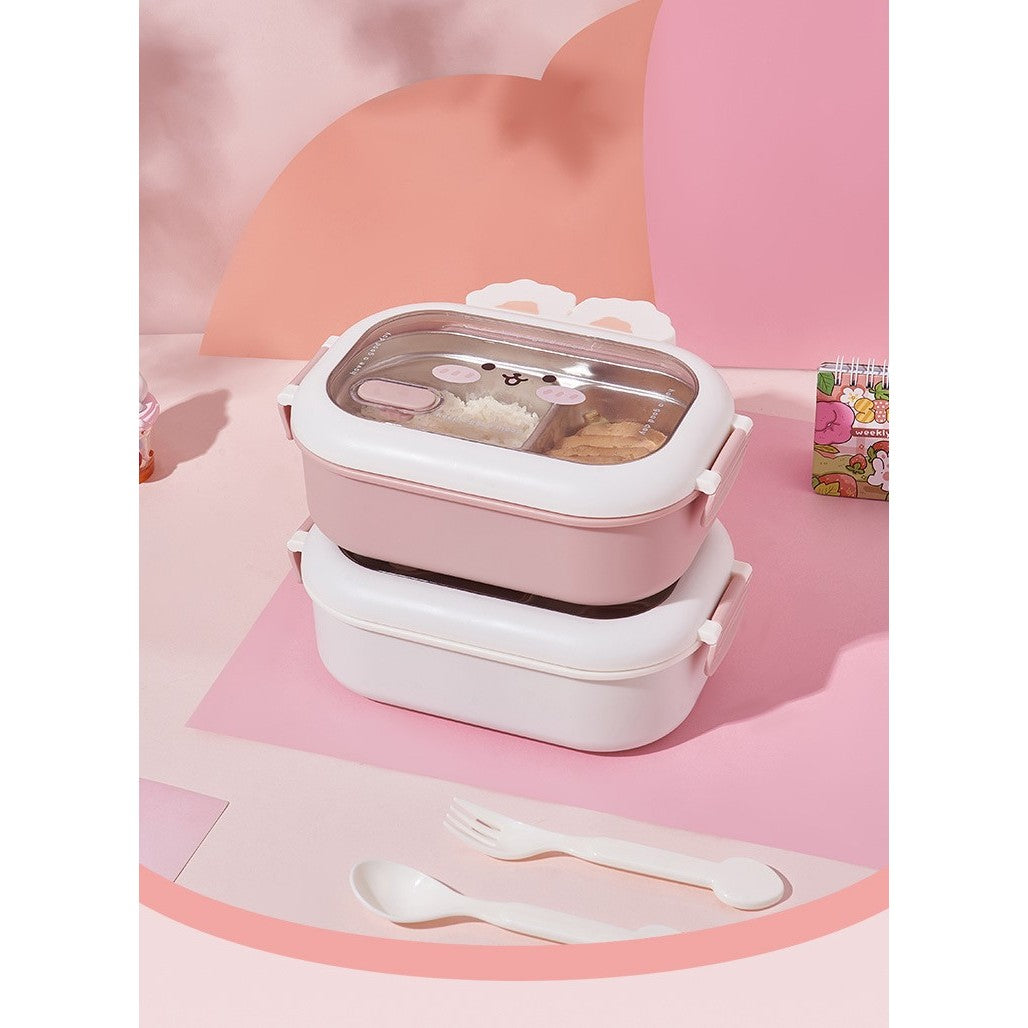 Cutie pentru Pranz sau Gustari, Vivimall, cu Doua Compartimente, Model Iepuras, pentru Copii si Adulti, Etansare, PP, Perfect pentru Scoala si Birou, 1000 mL, 22x17.8x8 cm, Alb - vivimall.ro