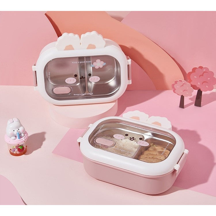 Cutie pentru Pranz sau Gustari, Vivimall, cu Doua Compartimente, Model Iepuras, pentru Copii si Adulti, Etansare, PP, Perfect pentru Scoala si Birou, 1000 mL, 22x17.8x8 cm, Alb - vivimall.ro